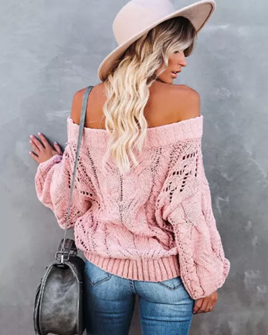 Vintage Long Sleeves Loose Solid Color Off-The-Shoulder Sweater Tops