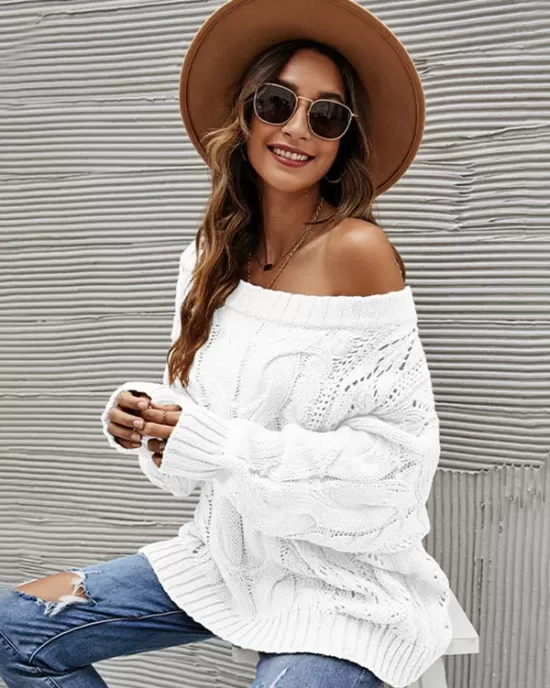 Vintage Long Sleeves Loose Solid Color Off-The-Shoulder Sweater Tops