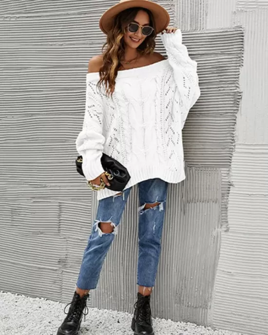 Vintage Long Sleeves Loose Solid Color Off-The-Shoulder Sweater Tops