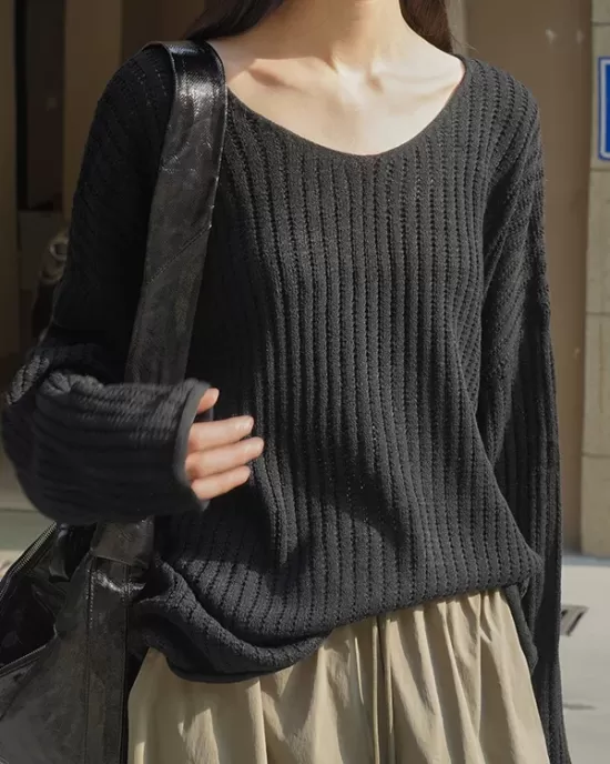 Solid Color Long Sleeves Loose V-Neck Sweater Tops Pullovers