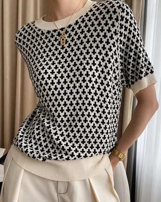 Houndstooth Half Sleeves Round-Neck Sweater Tops