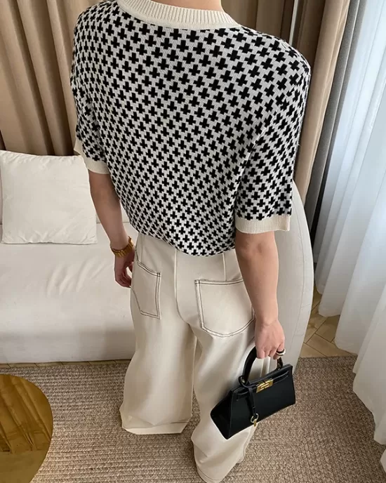 Houndstooth Half Sleeves Round-Neck Sweater Tops