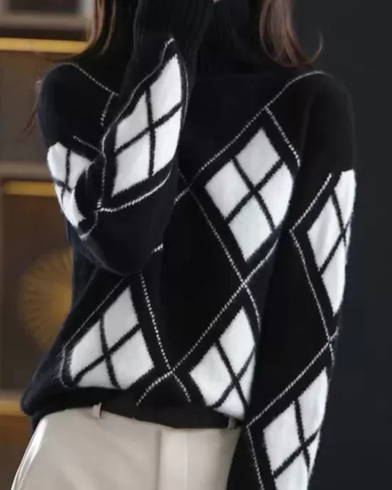 Casual Long Sleeves Loose Plaid High-Neck Sweater Tops