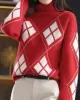 Casual Long Sleeves Loose Plaid High-Neck Sweater Tops