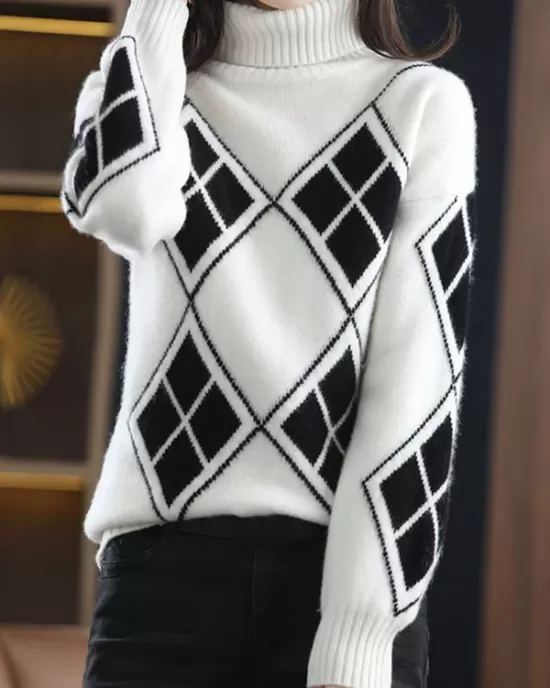 Casual Long Sleeves Loose Plaid High-Neck Sweater Tops