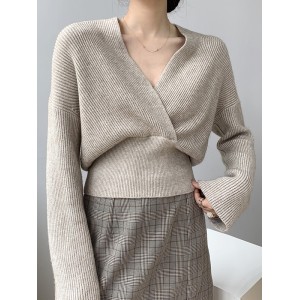 Asymmetric Solid Color Long Sleeves V-Neck Sweater Pullovers Knitwear