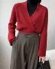 Asymmetric Solid Color Long Sleeves V-Neck Sweater Pullovers Knitwear