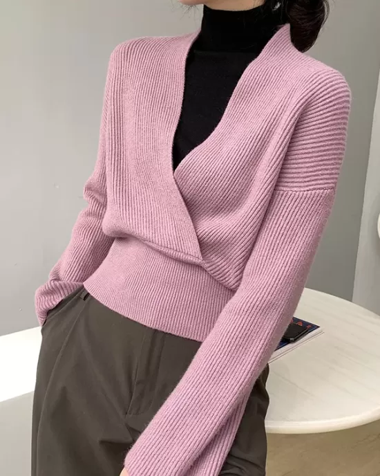 Asymmetric Solid Color Long Sleeves V-Neck Sweater Pullovers Knitwear