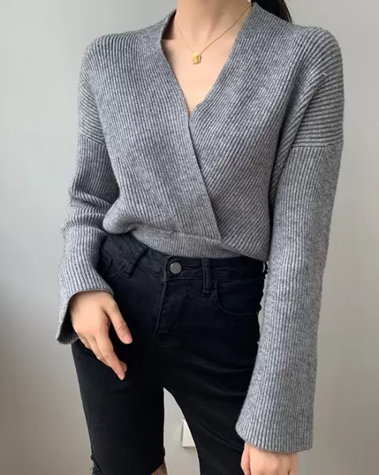 Asymmetric Solid Color Long Sleeves V-Neck Sweater Pullovers Knitwear