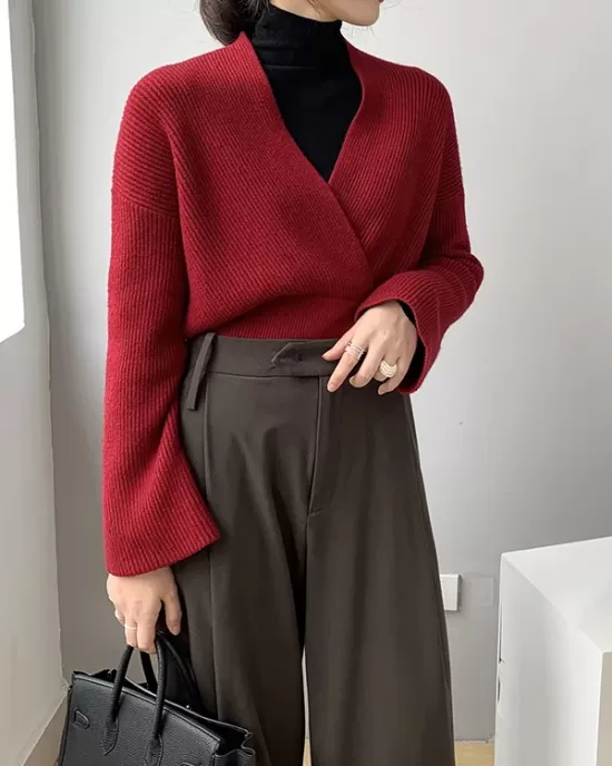 Asymmetric Solid Color Long Sleeves V-Neck Sweater Pullovers Knitwear