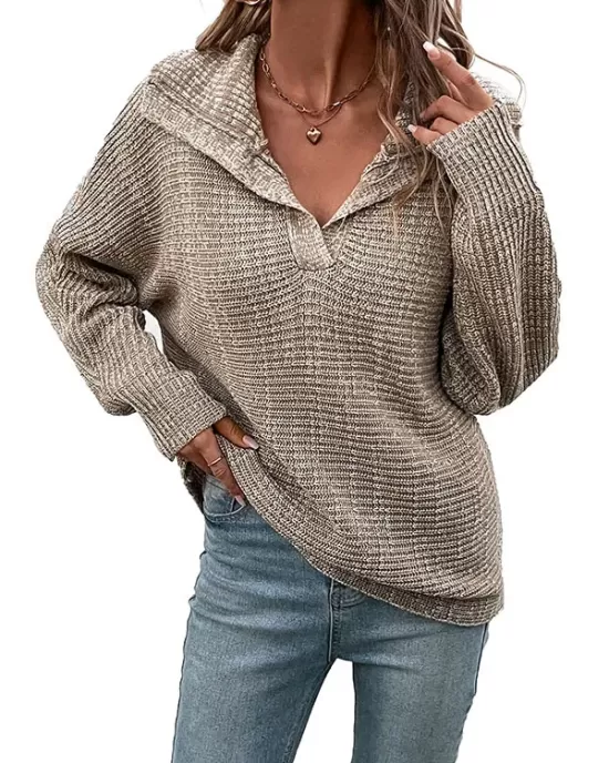 Casual Loose Long Sleeves Solid Color Lapel Collar Sweater Tops