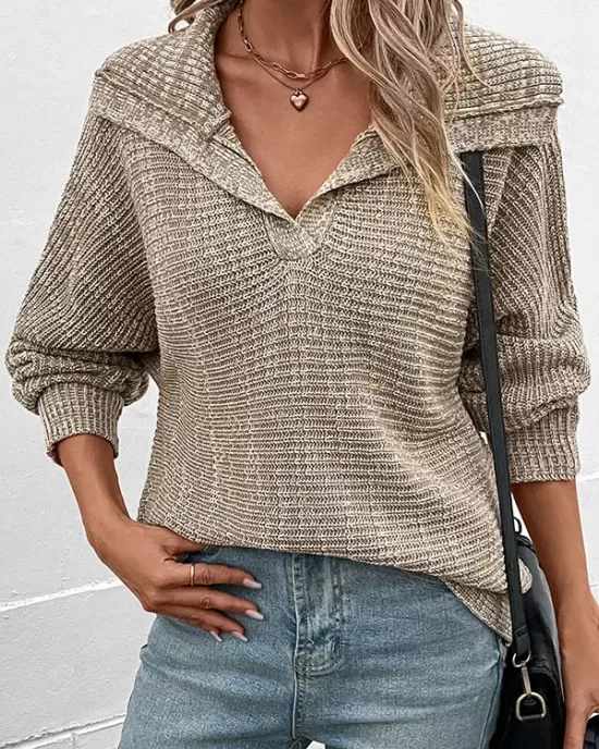 Casual Loose Long Sleeves Solid Color Lapel Collar Sweater Tops