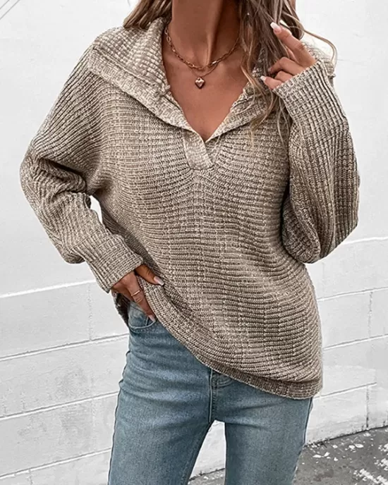 Casual Loose Long Sleeves Solid Color Lapel Collar Sweater Tops