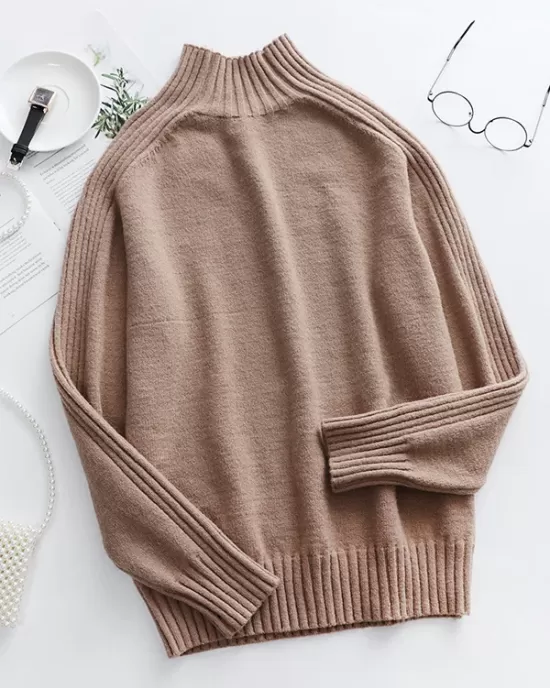 Stylish Long Sleeves Loose Solid Color High-Neck Sweater Tops