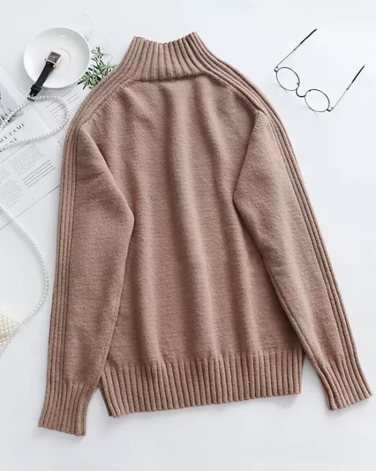 Stylish Long Sleeves Loose Solid Color High-Neck Sweater Tops