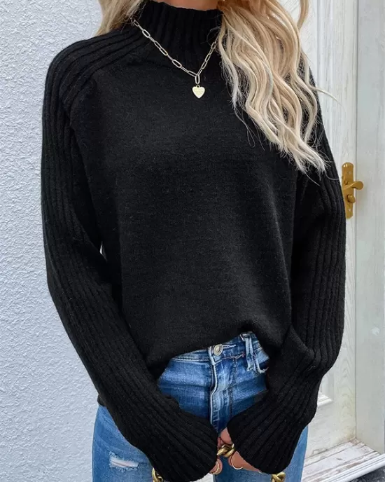 Stylish Long Sleeves Loose Solid Color High-Neck Sweater Tops