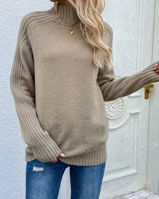 Stylish Long Sleeves Loose Solid Color High-Neck Sweater Tops