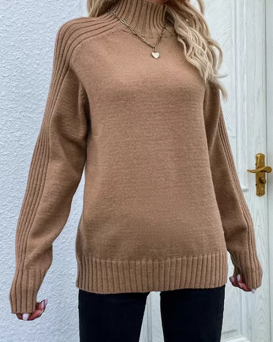 Stylish Long Sleeves Loose Solid Color High-Neck Sweater Tops