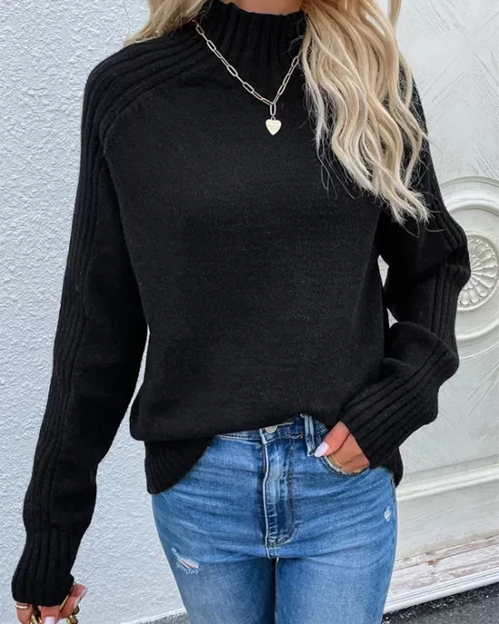 Stylish Long Sleeves Loose Solid Color High-Neck Sweater Tops