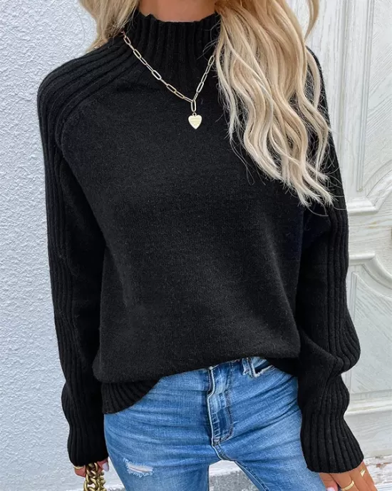 Stylish Long Sleeves Loose Solid Color High-Neck Sweater Tops