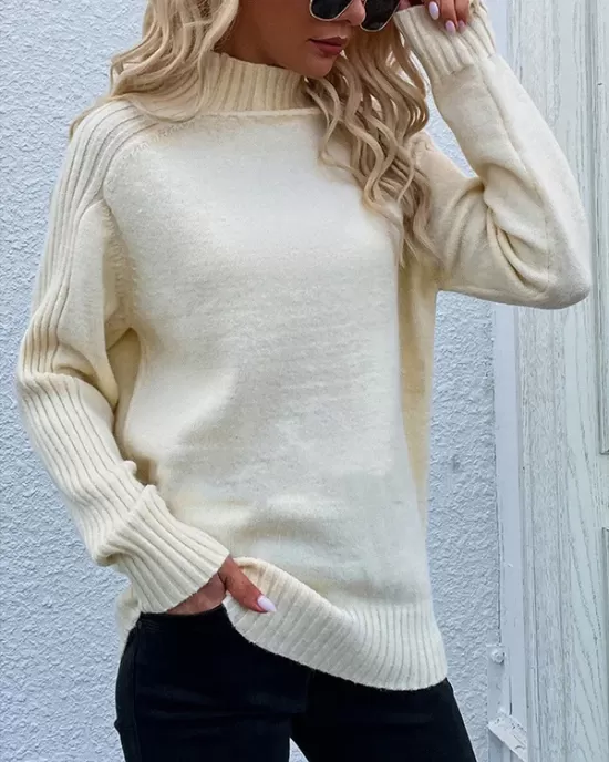 Stylish Long Sleeves Loose Solid Color High-Neck Sweater Tops