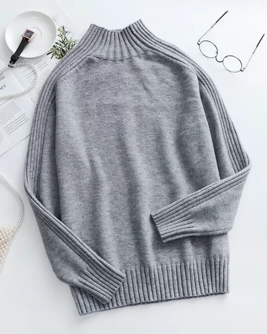 Stylish Long Sleeves Loose Solid Color High-Neck Sweater Tops