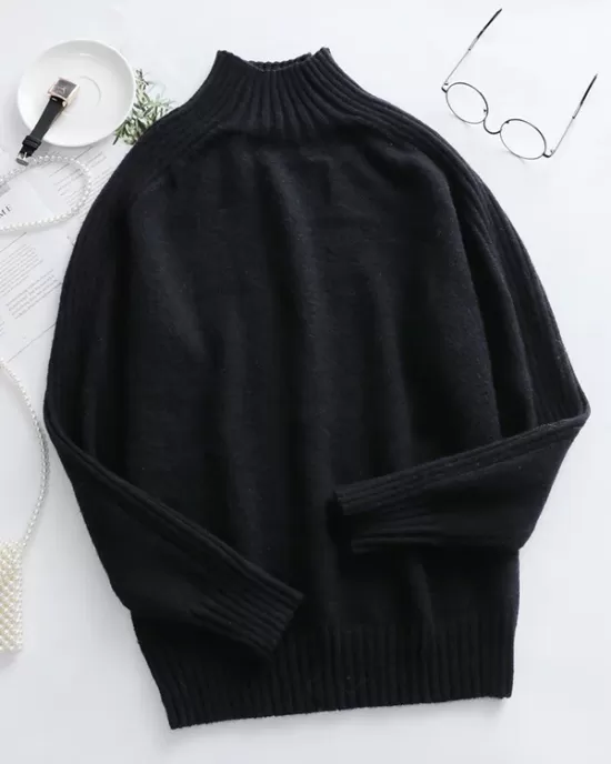 Stylish Long Sleeves Loose Solid Color High-Neck Sweater Tops