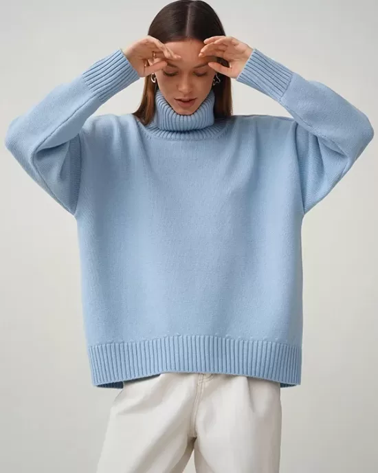 Casual Long Sleeves Loose Solid Color High-Neck Sweater Tops