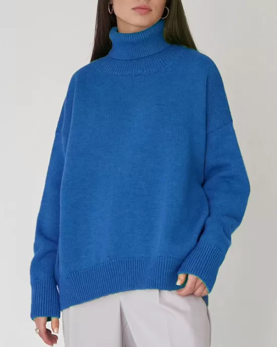 Casual Long Sleeves Loose Solid Color High-Neck Sweater Tops