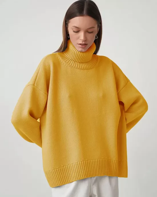 Casual Long Sleeves Loose Solid Color High-Neck Sweater Tops