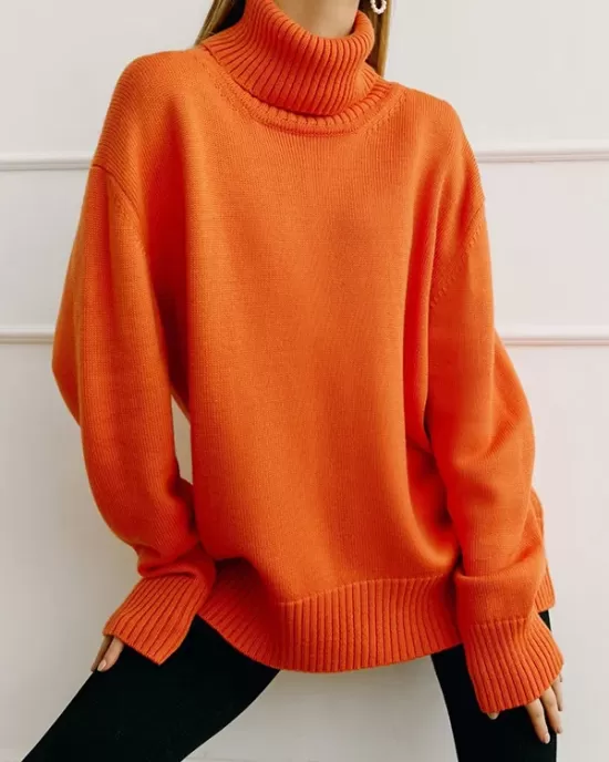 Casual Long Sleeves Loose Solid Color High-Neck Sweater Tops