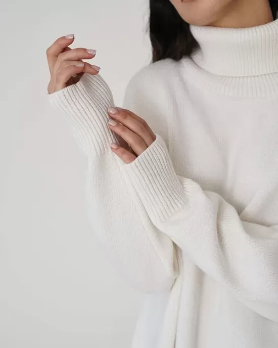 Casual Long Sleeves Loose Solid Color High-Neck Sweater Tops