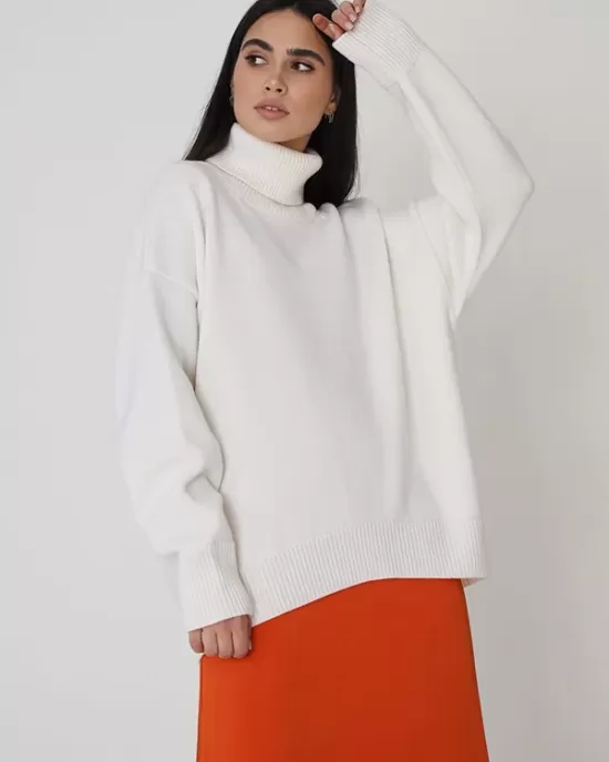 Casual Long Sleeves Loose Solid Color High-Neck Sweater Tops