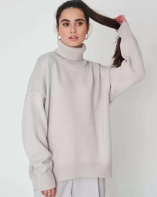 Casual Long Sleeves Loose Solid Color High-Neck Sweater Tops