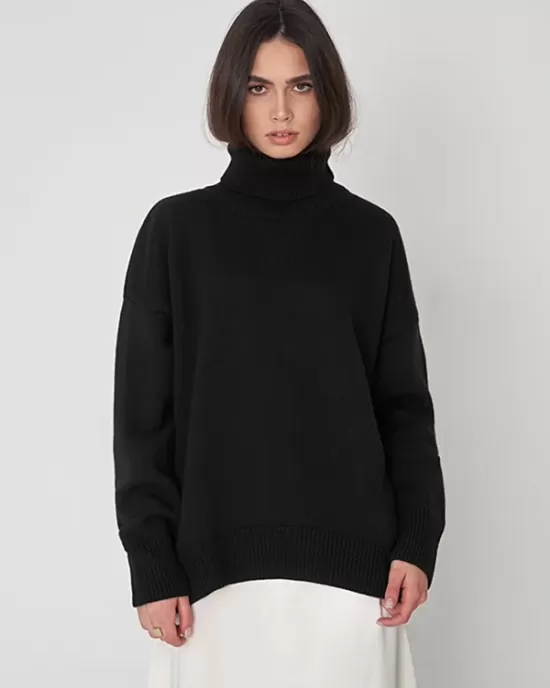 Casual Long Sleeves Loose Solid Color High-Neck Sweater Tops