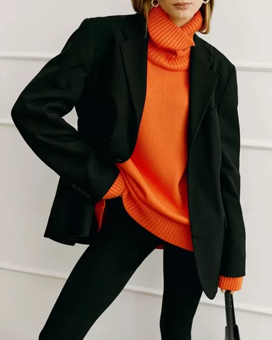 Casual Long Sleeves Loose Solid Color High-Neck Sweater Tops