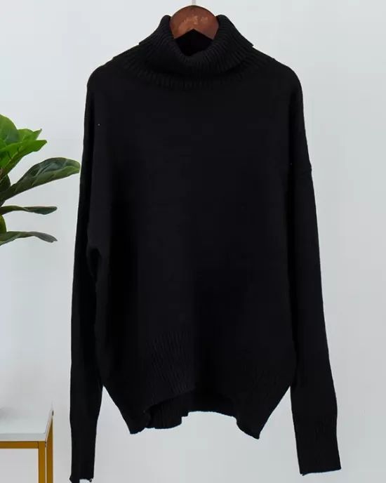 Casual Long Sleeves Loose Solid Color High-Neck Sweater Tops