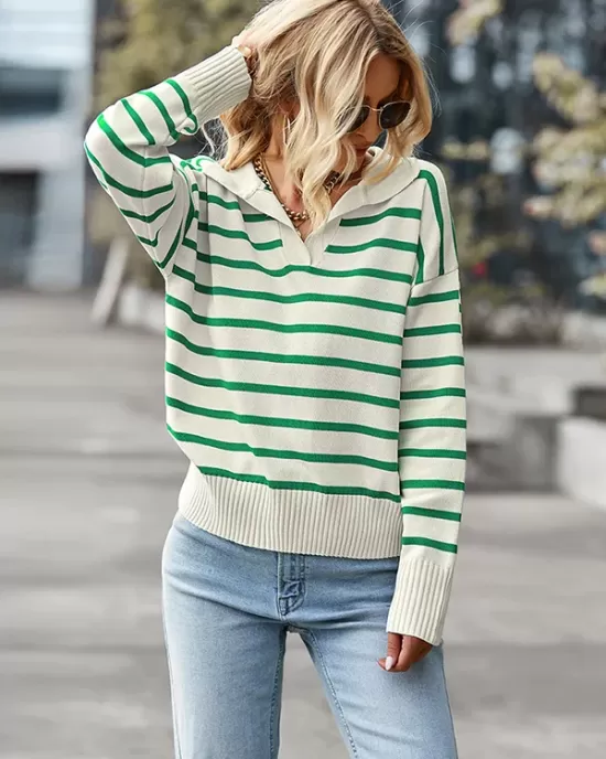 Casual Loose Striped Polo Sweater Top