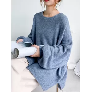 Stretch Mohair-Blend Balloon Sleeves Loose Solid Round-Neck Sweater Tops