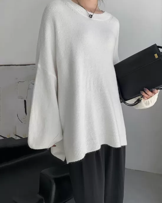 Stretch Mohair-Blend Balloon Sleeves Loose Solid Round-Neck Sweater Tops