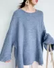 Stretch Mohair-Blend Balloon Sleeves Loose Solid Round-Neck Sweater Tops