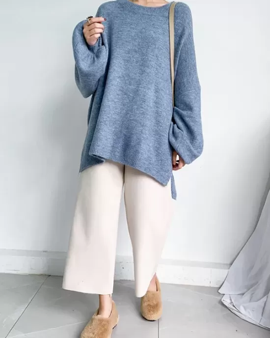 Stretch Mohair-Blend Balloon Sleeves Loose Solid Round-Neck Sweater Tops