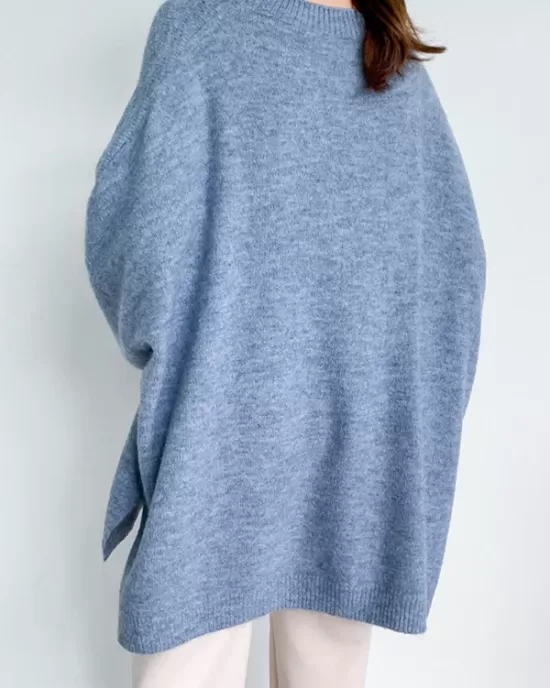 Stretch Mohair-Blend Balloon Sleeves Loose Solid Round-Neck Sweater Tops