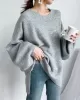 Stretch Mohair-Blend Balloon Sleeves Loose Solid Round-Neck Sweater Tops