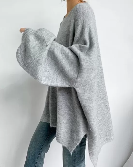 Stretch Mohair-Blend Balloon Sleeves Loose Solid Round-Neck Sweater Tops