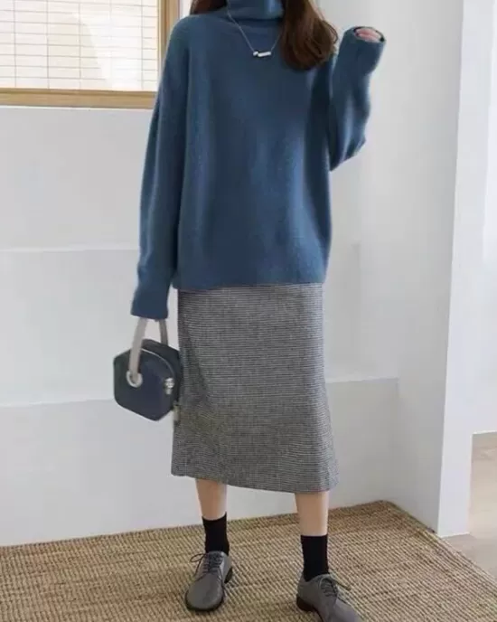 Casual Loose Long Sleeves Solid Color High-Neck Sweater Tops