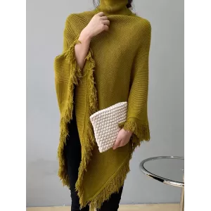 Casual Loose Tasseled Solid Color High-Neck Sweater Tops