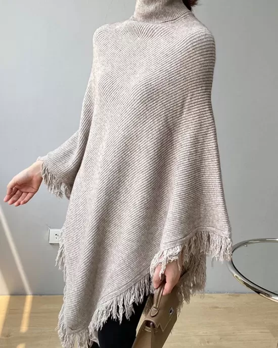 Casual Loose Tasseled Solid Color High-Neck Sweater Tops