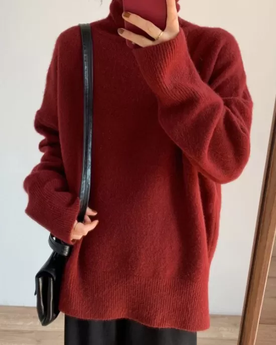 Casual Long Sleeves Loose Solid Color High-Neck Sweater Tops