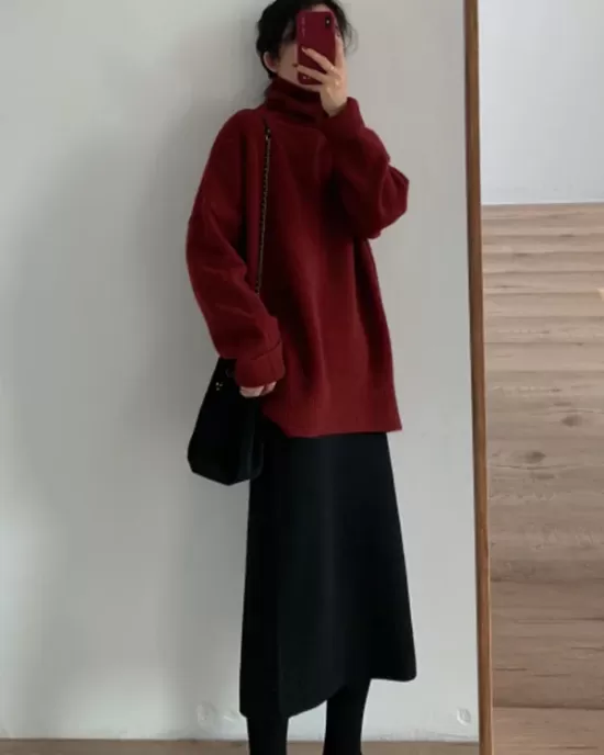 Casual Long Sleeves Loose Solid Color High-Neck Sweater Tops